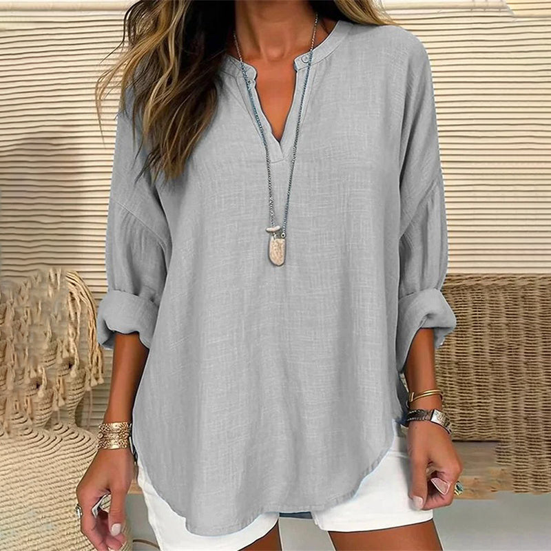 Blusa Casuale Lunga a Maniche Lunghe con Scollo a V di Colore Solido