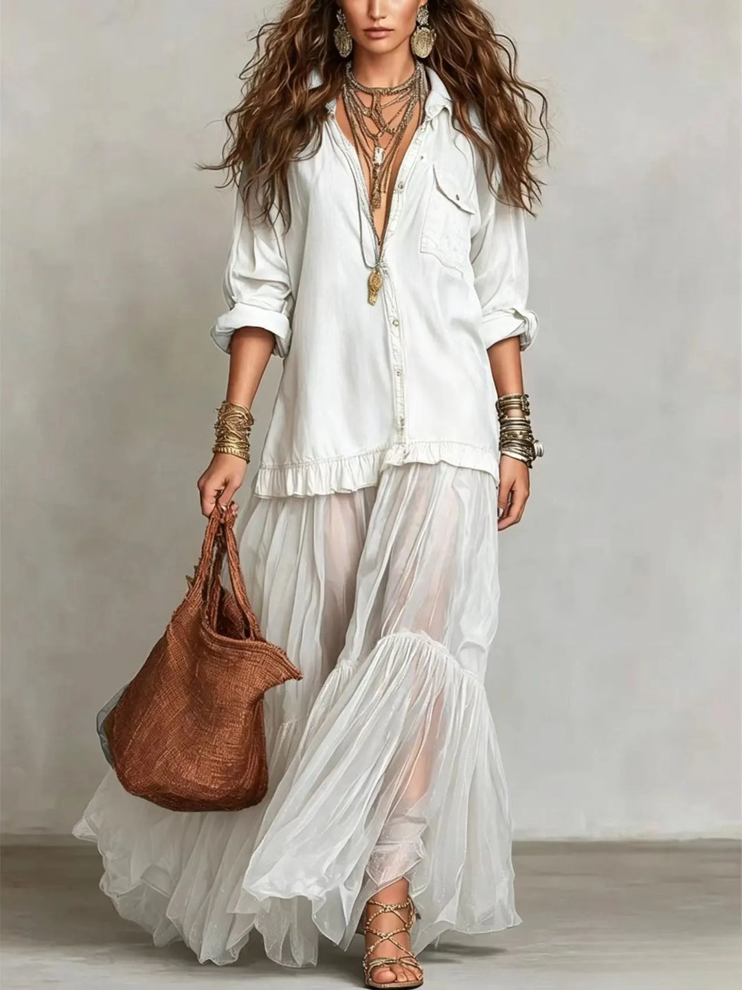 Abito Maxi in Denim Blu Finto con Collo Camicia e Tasche Trasparenti