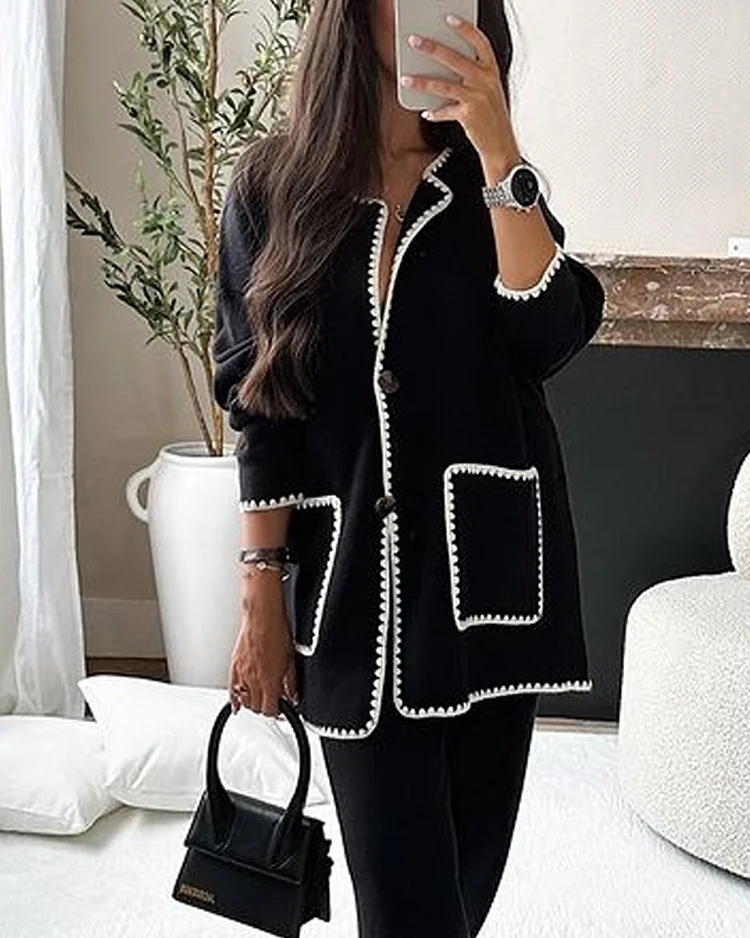Giacca Decorata ai Bordo con Pantaloni Casual Set a Due Pezzi