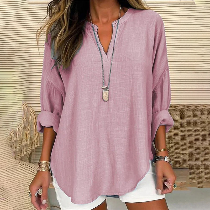 Blusa Casuale Lunga a Maniche Lunghe con Scollo a V di Colore Solido