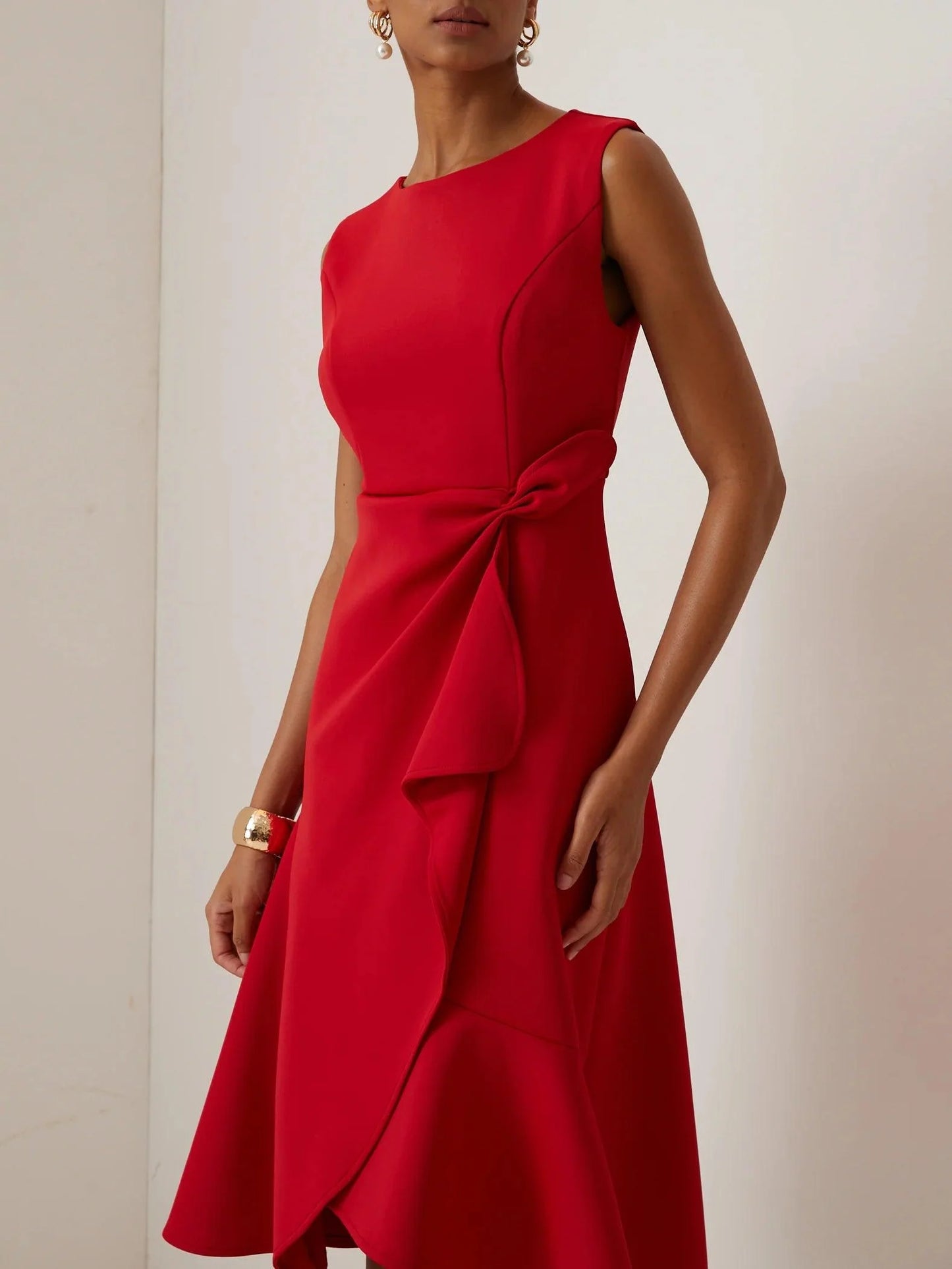 Abito Elegante Midi Rosso Senza Maniche con Nodo in Vita per Giorno e Notte
