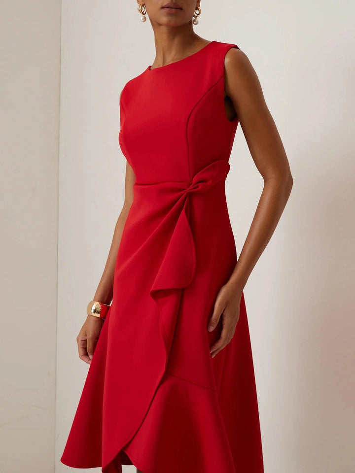 Abito Elegante Midi Rosso Senza Maniche con Nodo in Vita per Giorno e Notte