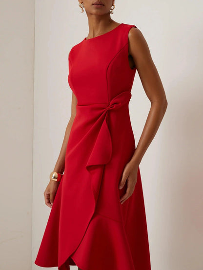 Abito Elegante Midi Rosso Senza Maniche con Nodo in Vita per Giorno e Notte