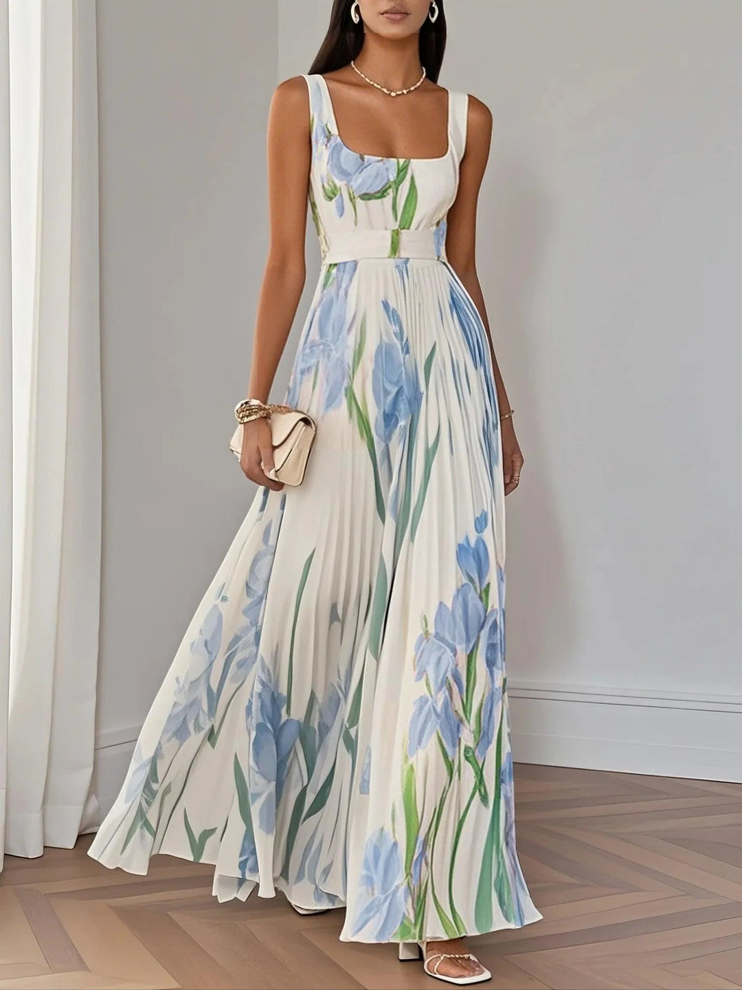 Abito Maxi A-Line Senza Maniche in Chiffon Foderato Bianco a Pieghe con Fantasia Floreale