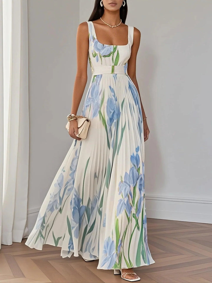 Abito Maxi A-Line Senza Maniche in Chiffon Foderato a Pieghe con Fiori Bianchi