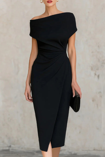 Abito midi elegante a maniche corte e slim-fit con pieghe