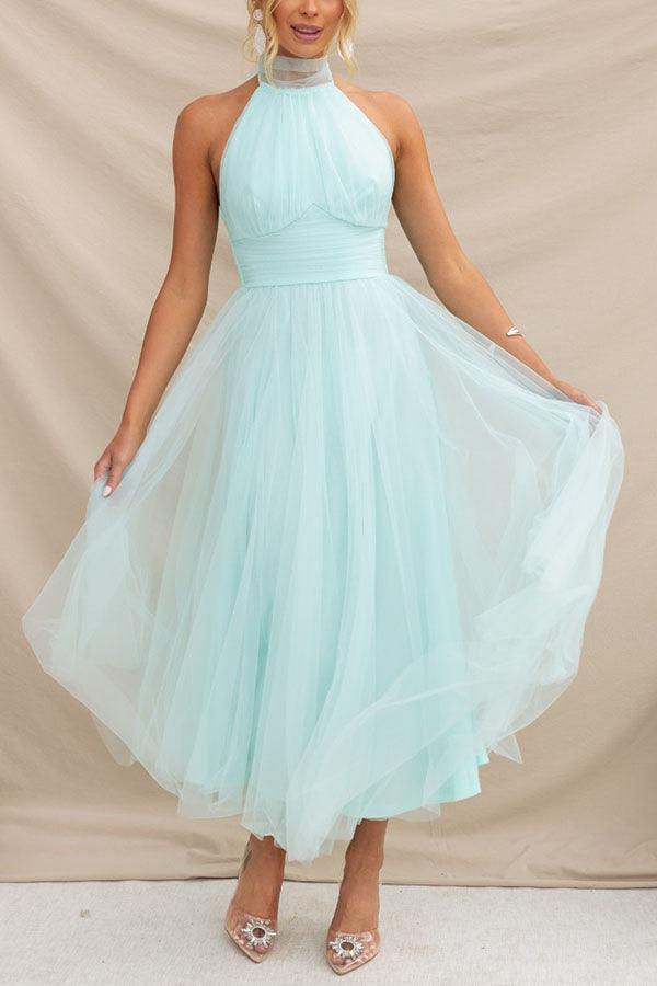 Abito Maxi Halter in Tulle con Dettagli Arricciati