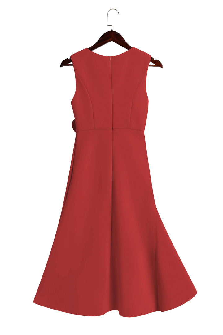 Abito Midi Elegante Rosso Senza Maniche A-Line con Nodo in Vita per Giorno e Notte