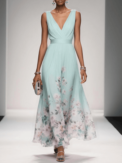 Abito Maxy A-Line Senza Maniche V in Chiffon Blu Chiaro con Fiori