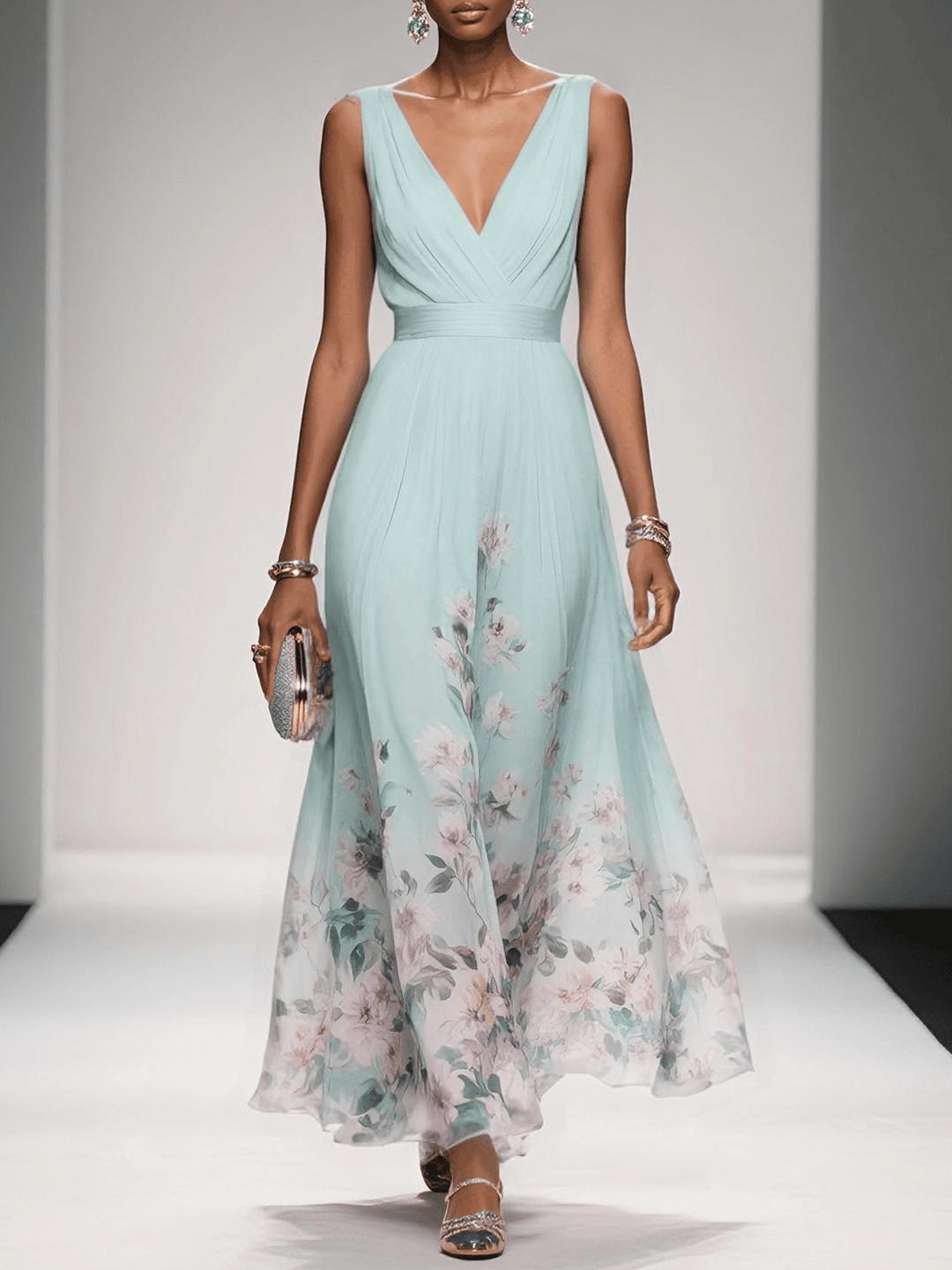 Abito Maxi A-Line Senza Maniche con Scollatura a V in Chiffon Floreale Blu Chiaro