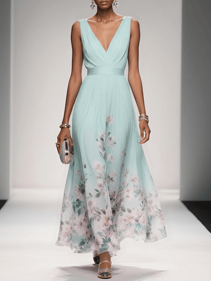 Abito Maxi A-Line Senza Maniche con Scollatura a V in Chiffon Floreale Blu Chiaro