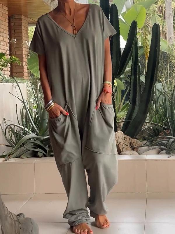 Tuta Casual con Collo a V in Colore Unito