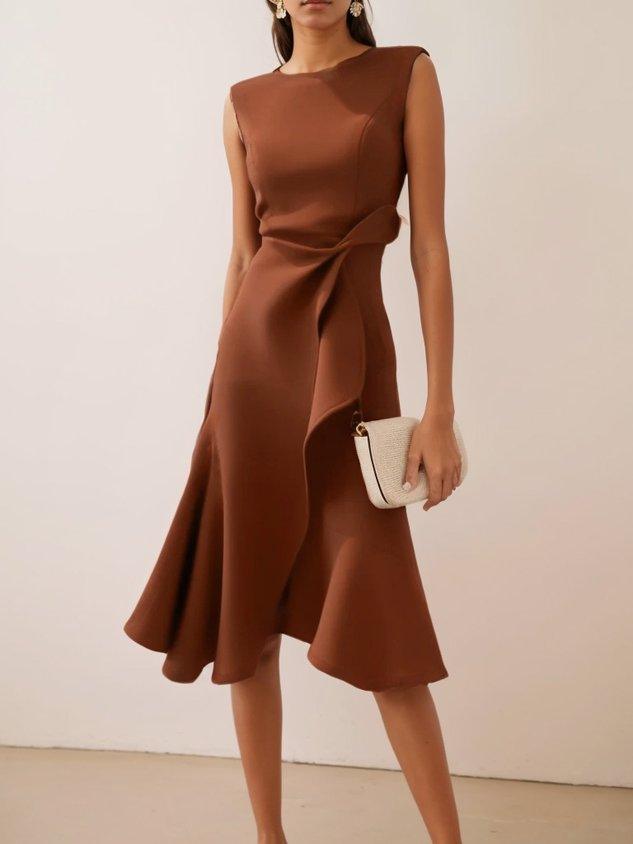 Abito Elegante Midi Rosso Senza Maniche con Nodo in Vita per Giorno e Notte