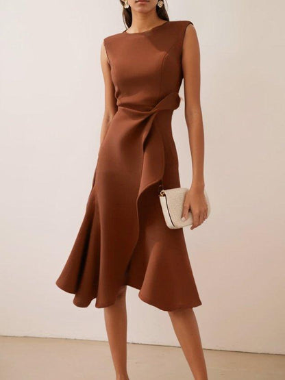 Abito Midi Elegante Rosso Senza Maniche con Nodo in Vita per Giorno e Notte