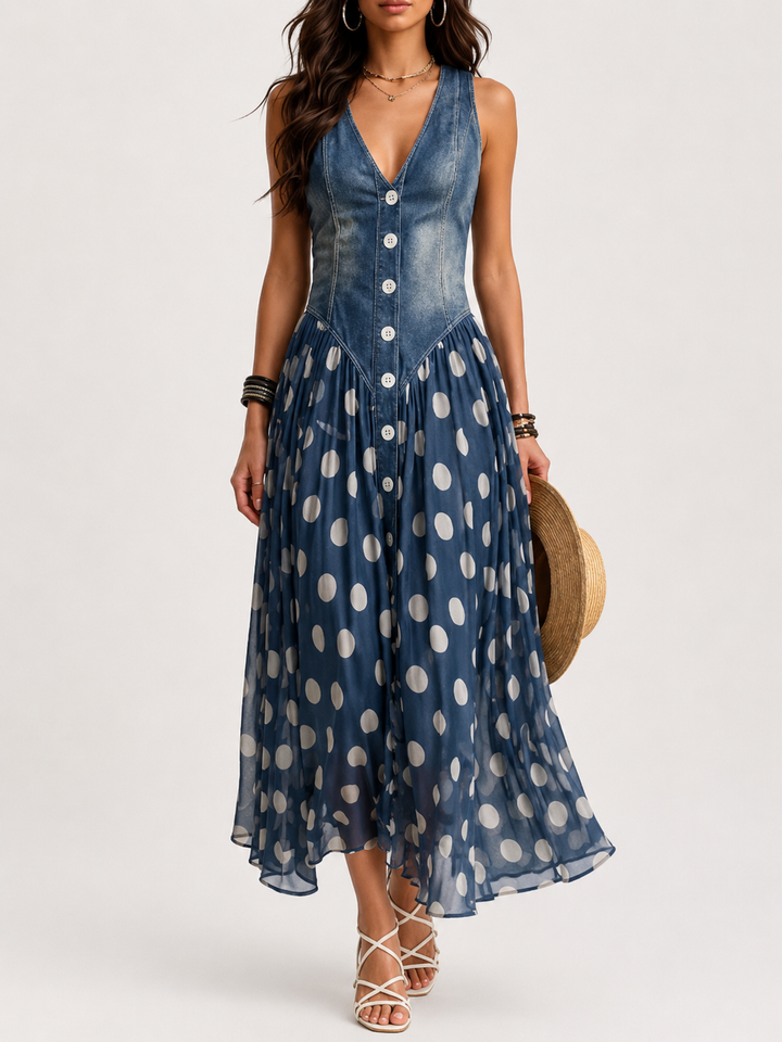 Abito Elegante Effetto Jeans con Gonna in Chiffon a Pois