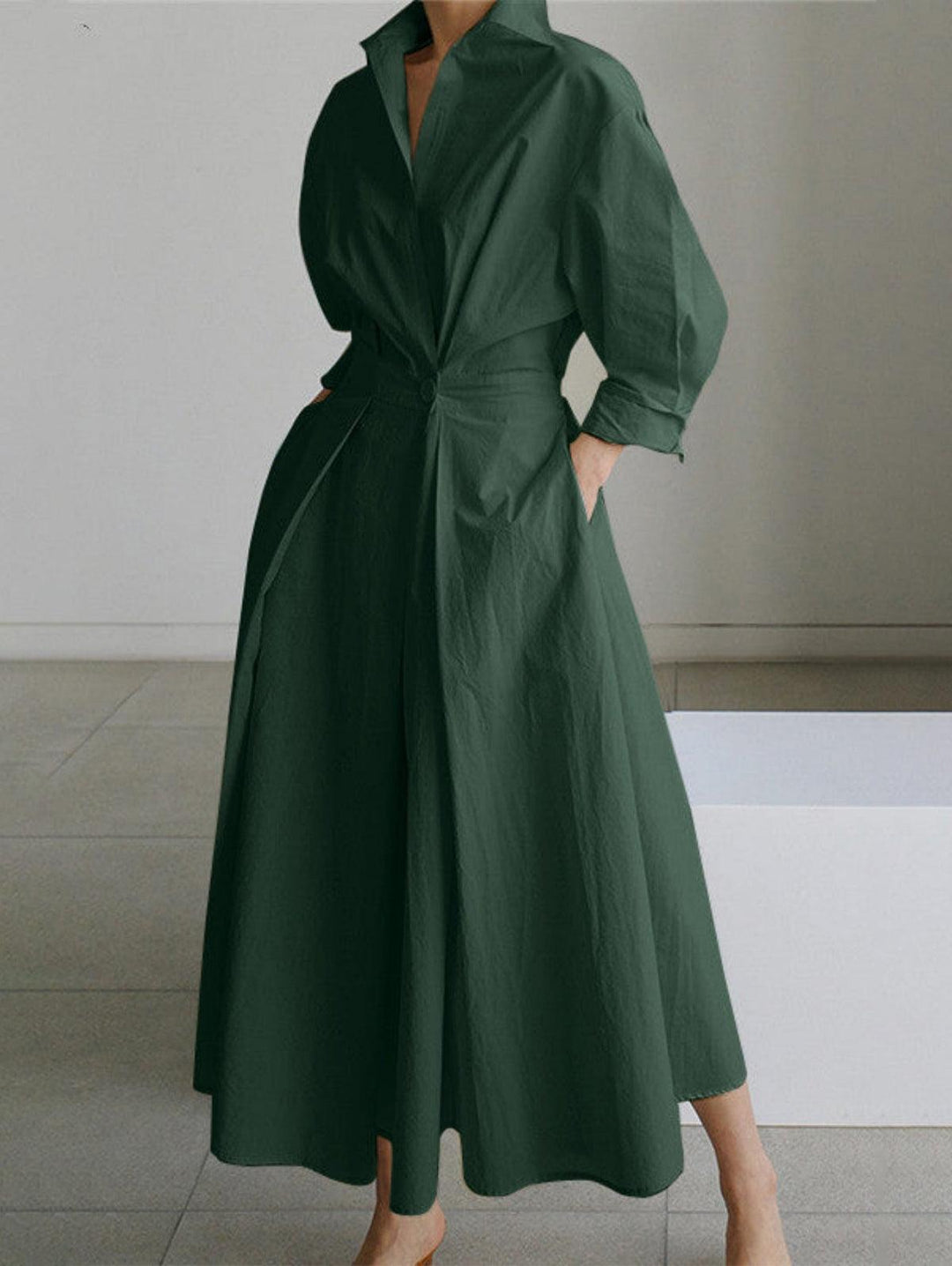 Abito Midi Solido con Colletto a Risvolto e Bottoni Elegante
