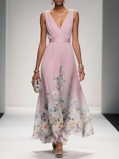 Abito Maxy A-Line Senza Maniche V in Chiffon Blu Chiaro con Fiori
