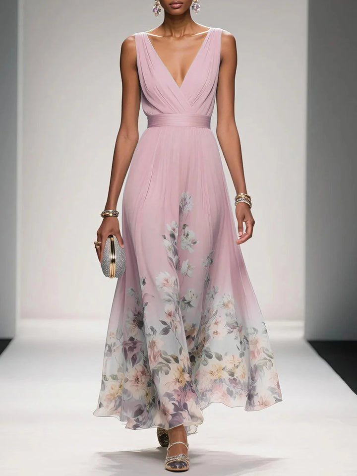 Abito Maxi A-Line Senza Maniche in Chiffon Floreale Blu Chiaro