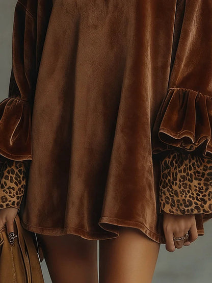 Abito Mini in Velluto Leopardo con Maniche Flounce