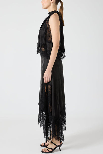 Set Top con Collo Plissettato in Pizzo + Gonna con Fessura Irregolare