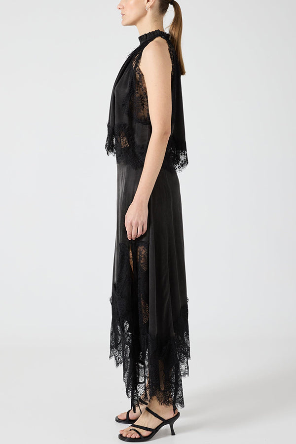 Set Top con Collo Plissettato in Pizzo + Gonna con Fessura Irregolare