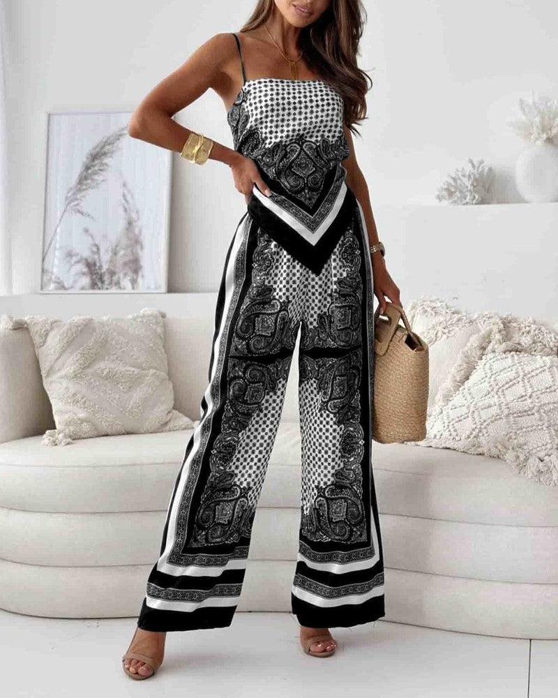 Set di due pezzi con gilet e pantaloni stampati eleganti