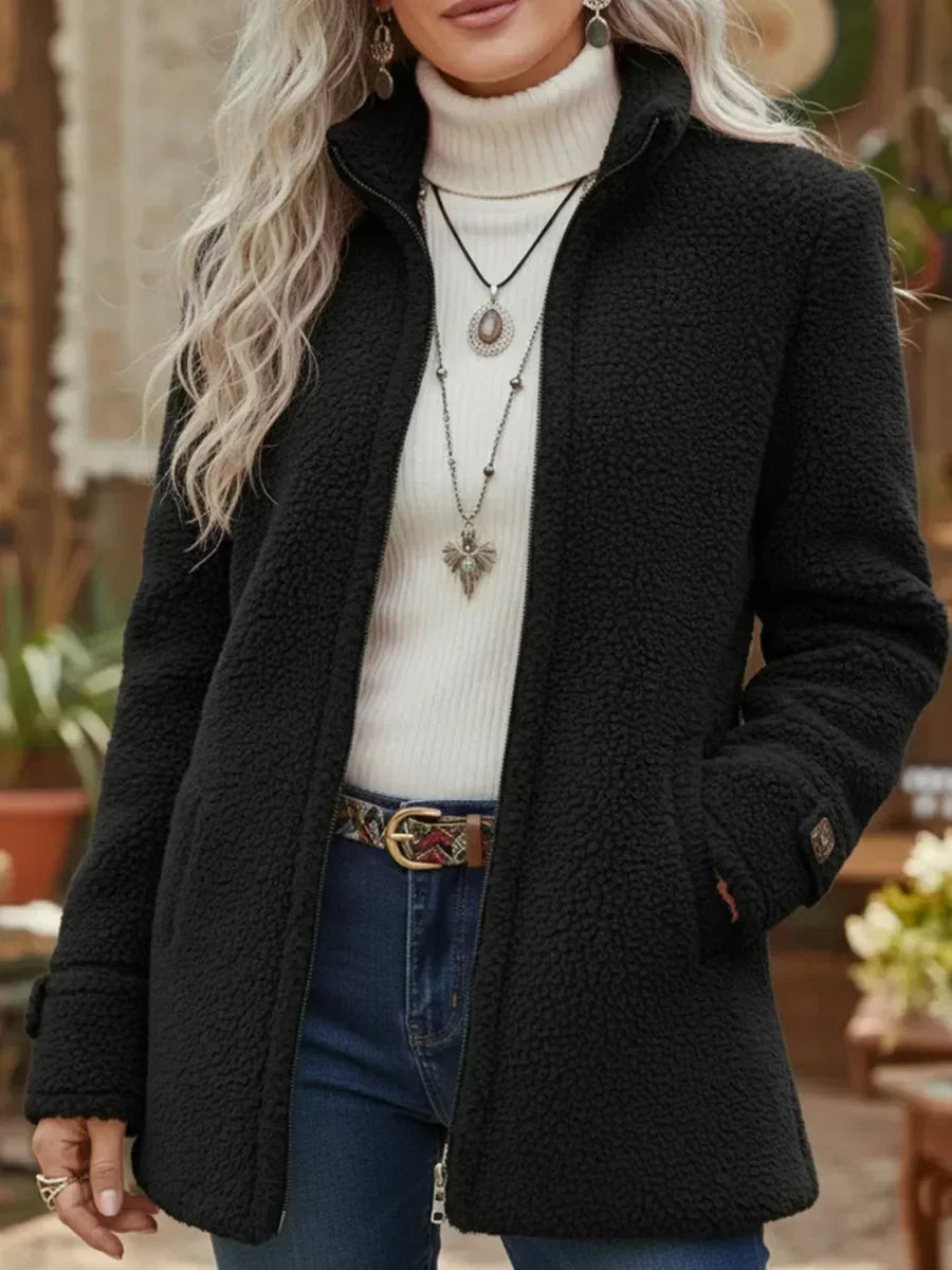Carissa - Giacca con zip completa in tessuto simile a lambswool con colletto rialzato