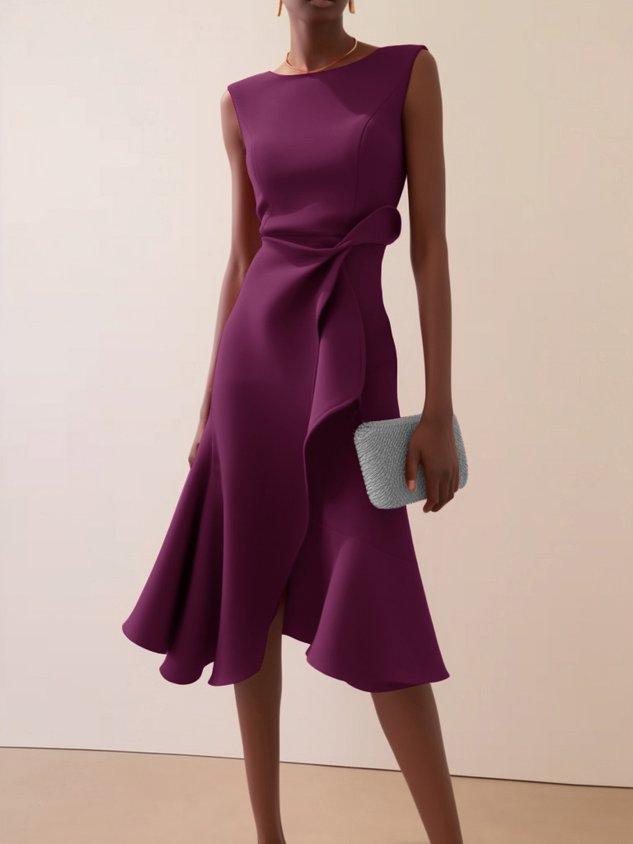 Abito Midi Elegante Rosso Senza Maniche A-Line con Nodo in Vita per Giorno e Notte