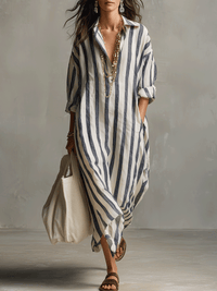 Abito Maxi Stile Bohemien con Camicia a Righe Casual