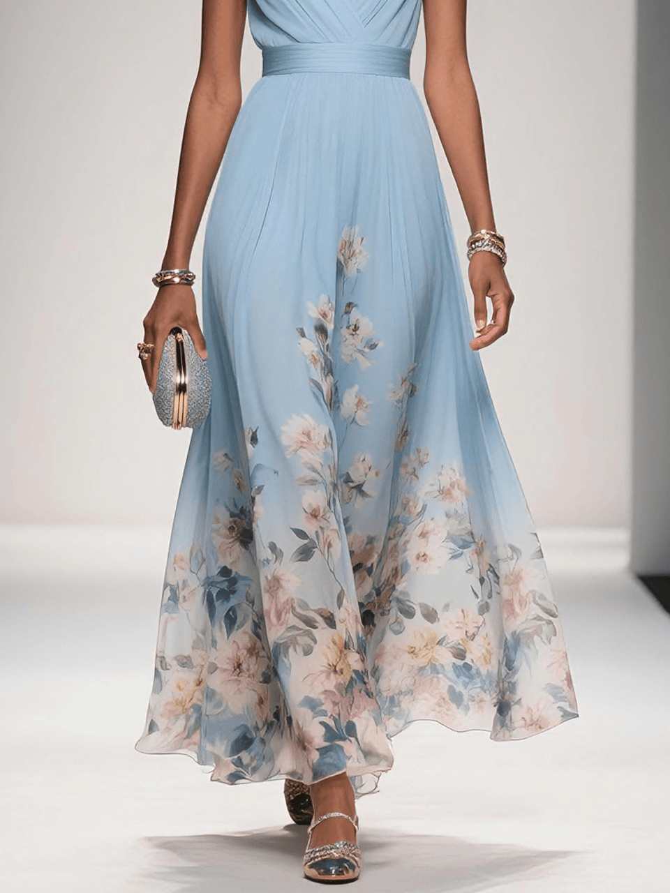 Abito Maxy A-Line Senza Maniche V in Chiffon Blu Chiaro con Fiori