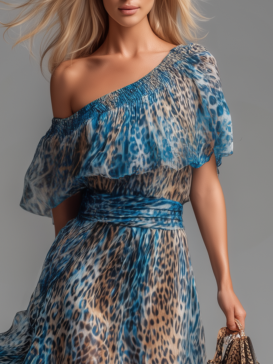 Sauvage | Abito lungo in chiffon con stampa leopardata e spalle scoperte