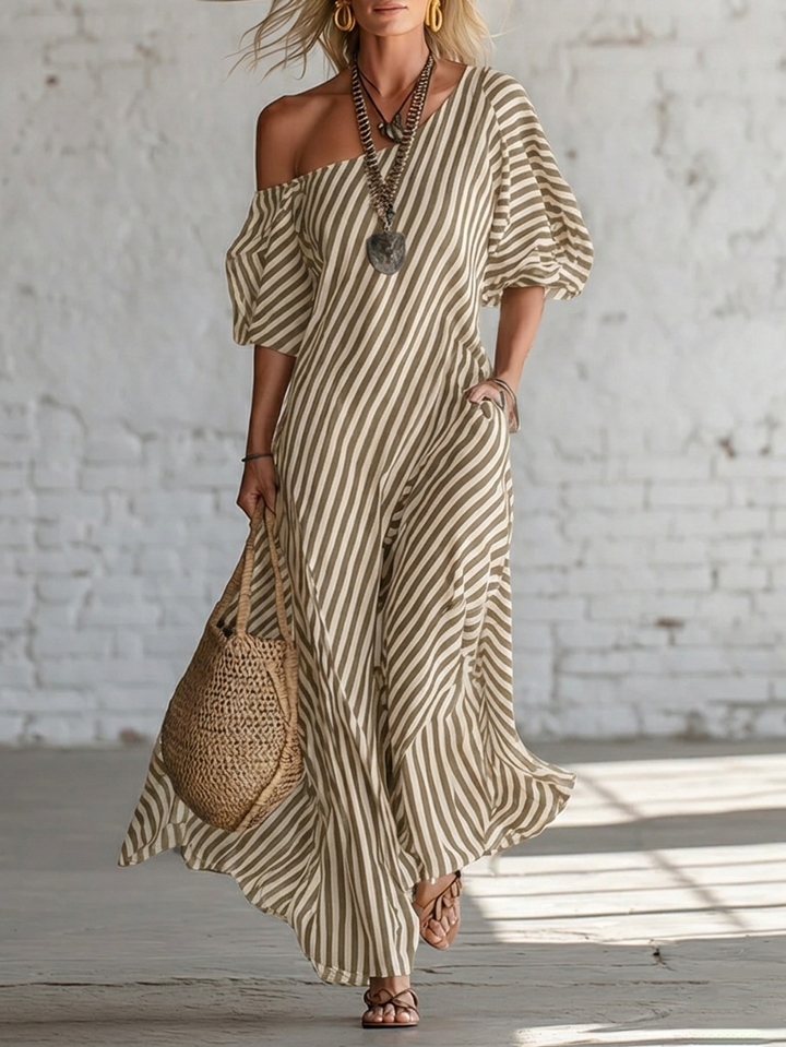 Abito Maxi Elegante e Classico a Righe con Spalle Scoperte