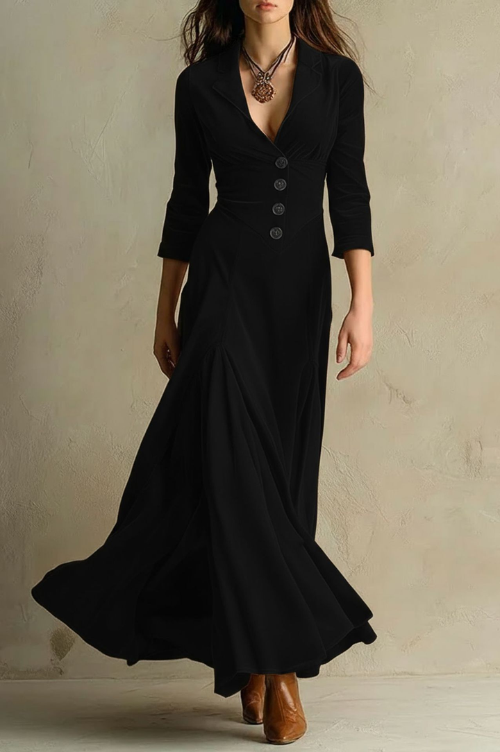 Abito Lungo in Velluto Elegante Retro Marrone con Collo