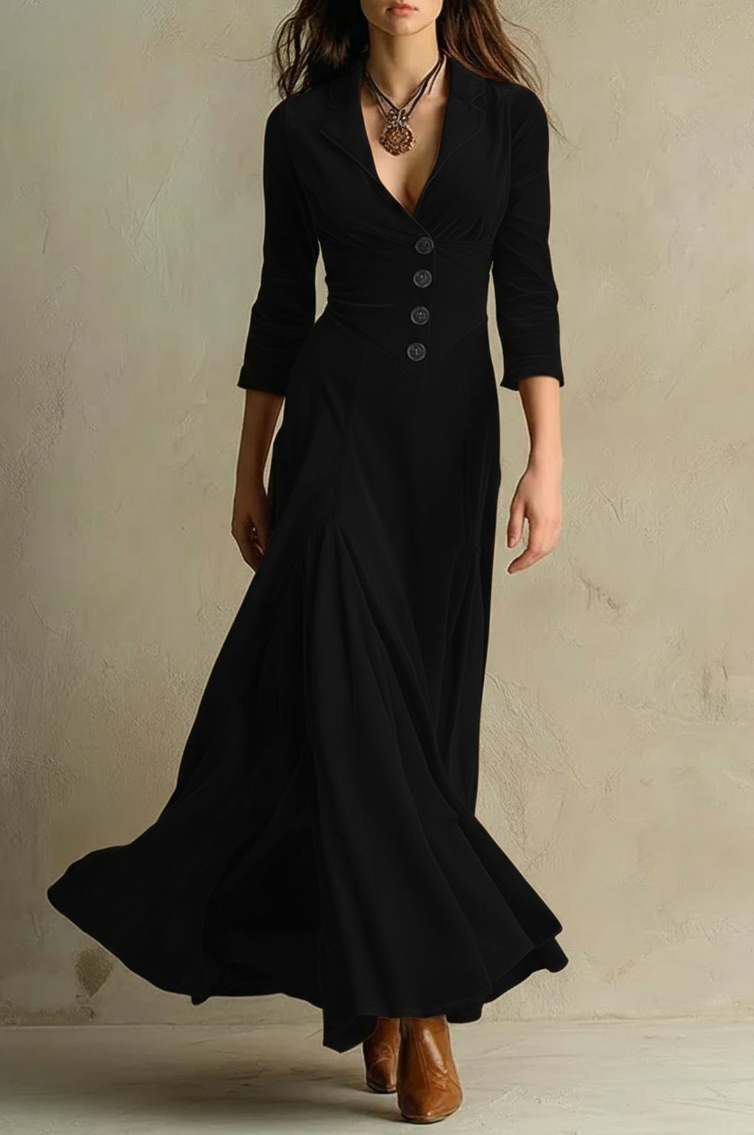 Abito lungo in velluto marrone elegante retro con colletto