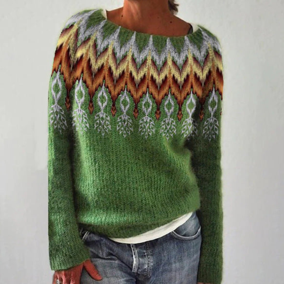 Maglione casual con stampa a piuma e colletto rotondo