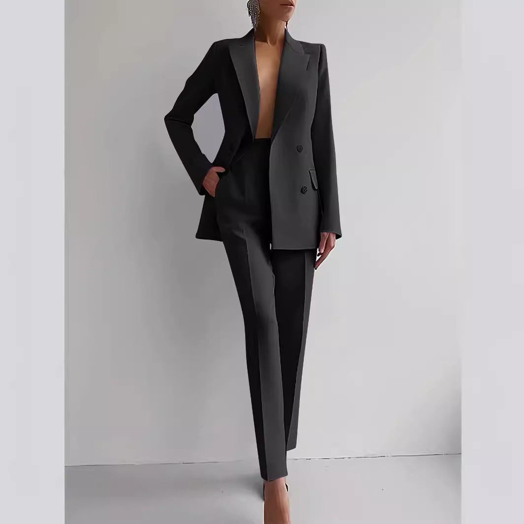 Blazer e Pantaloni a Vita Alta di Colore Solido per Commuting Casual