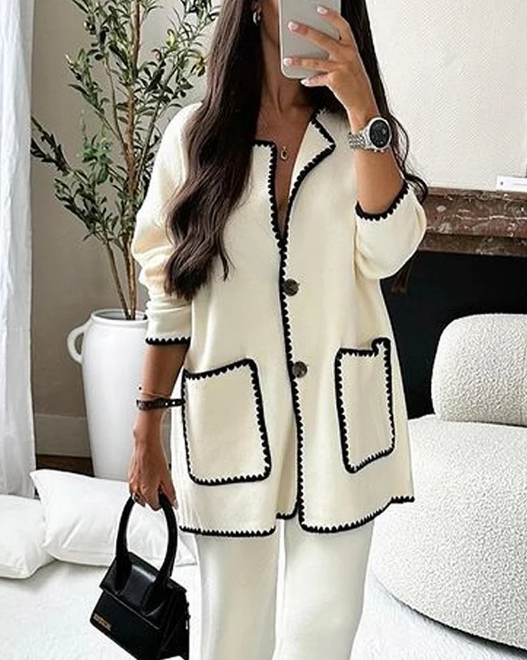 Giacca Decorata ai Bordi e Pantaloni Casual Set a Due Pezzi