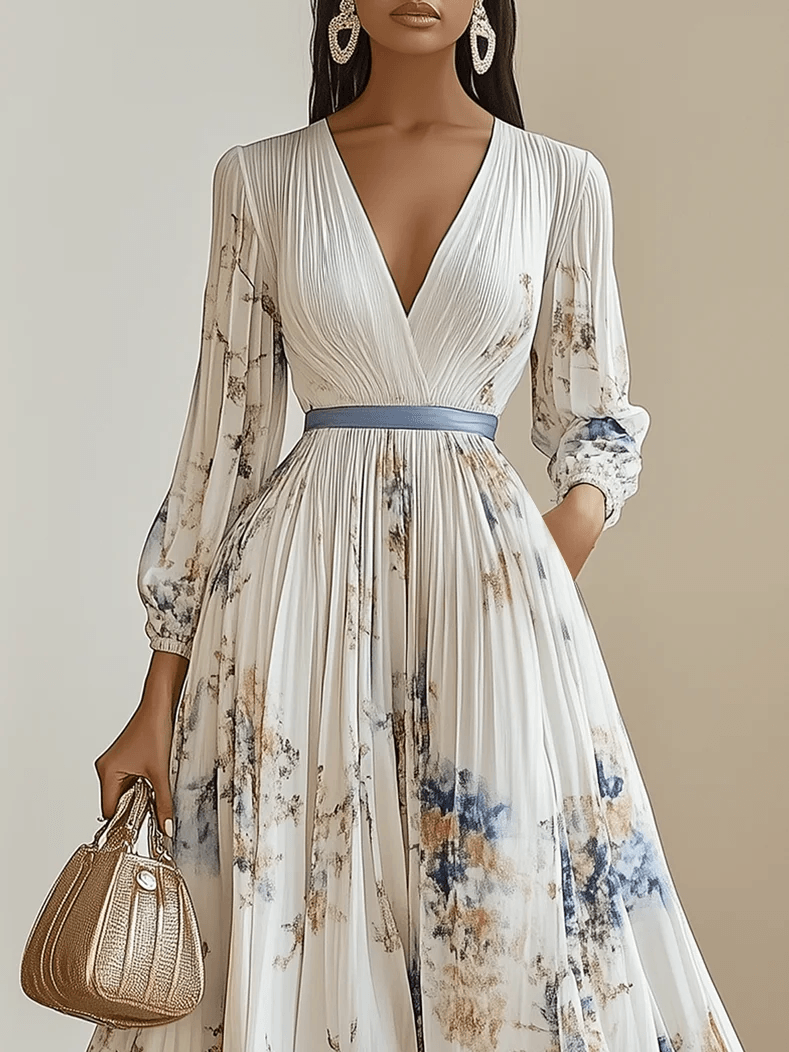 Abito Maxi A-Line in Chiffon Bianco Pieghettato con V Collo e Maniche Lunghe a Palloncino