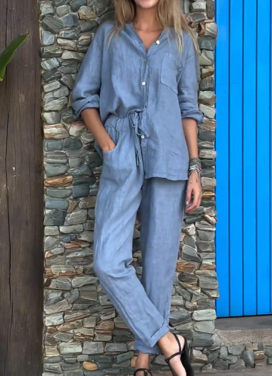 Set di Due Pezzi in Cotone Lino con Maglietta e Pantaloni V-Neck a Colore Solido