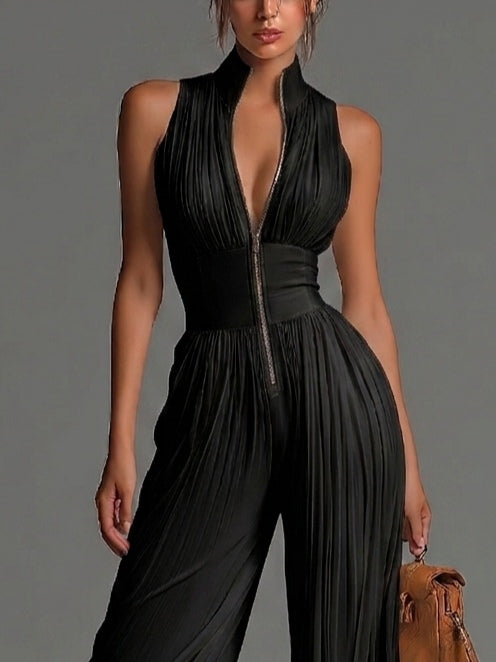 Salopette in Chiffon Nera Senza Maniche con Scollatura a V e Zip, Pieghettata con Gamba Larga
