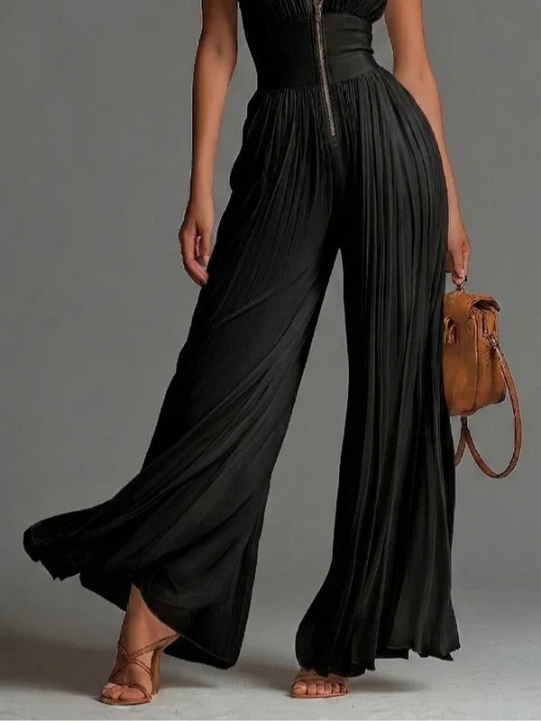 Mono Nero Mercedes senza Maniche in Chiffon con Scollatura a V, Pieghe, Zip e Gamba Larga
