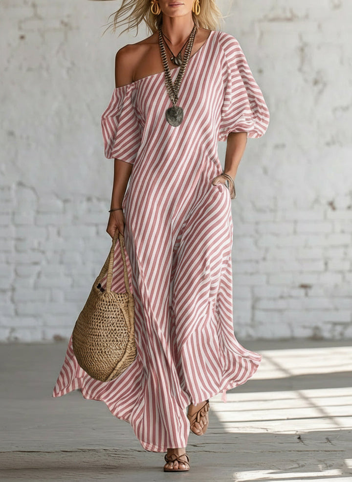 Abito Maxi Elegante e Classico a Righe con Spalle Scoperte
