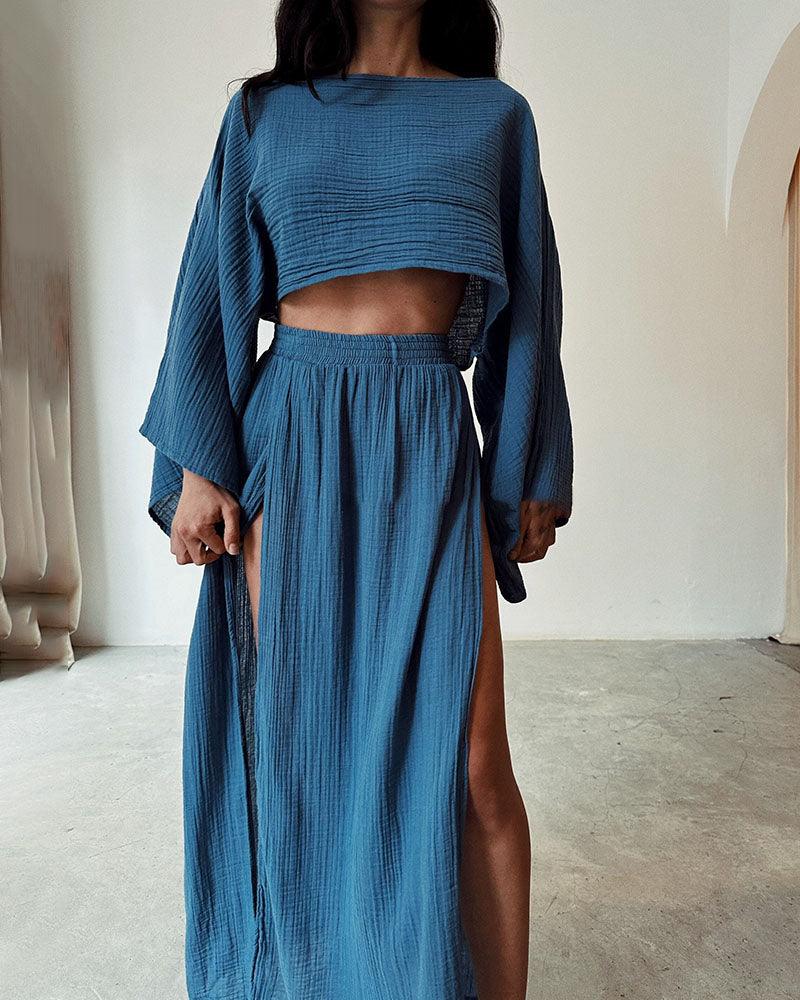 Set casual chic in cotone e lino con spacco