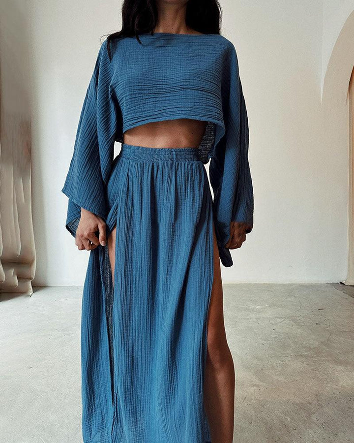 Set casual in cotone e lino con spacco chic