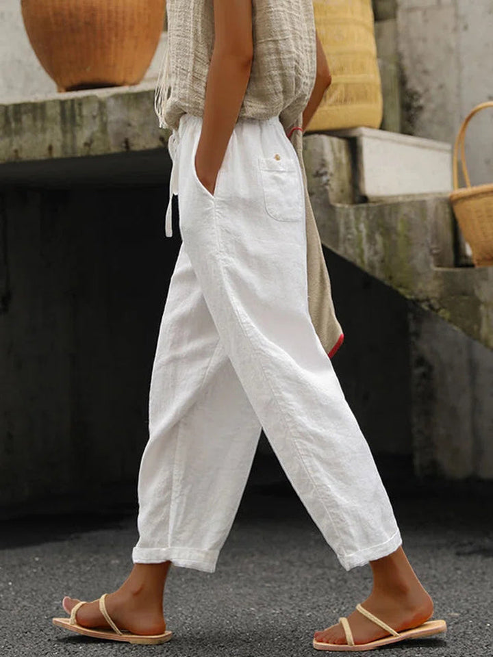 Pantaloni Casual Larghi in Cotone e Lino a Colore Unito