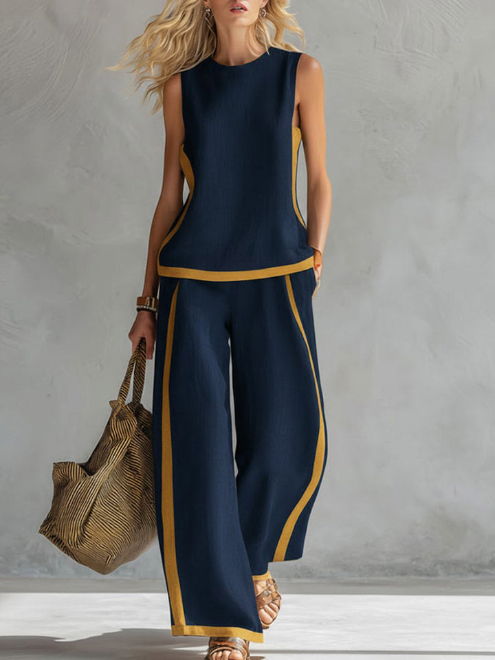Top Casual Senza Maniche con Collo Rotondo e Pantaloni a Vita Alta a Gamba Larga