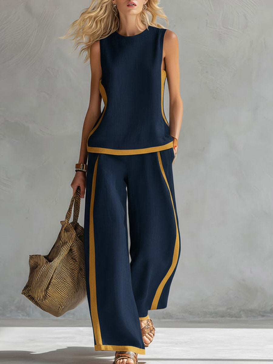 Set di Top Casual Senza Maniche a Collo Rotondo e Pantaloni a Vita Alta a Gamba Larga