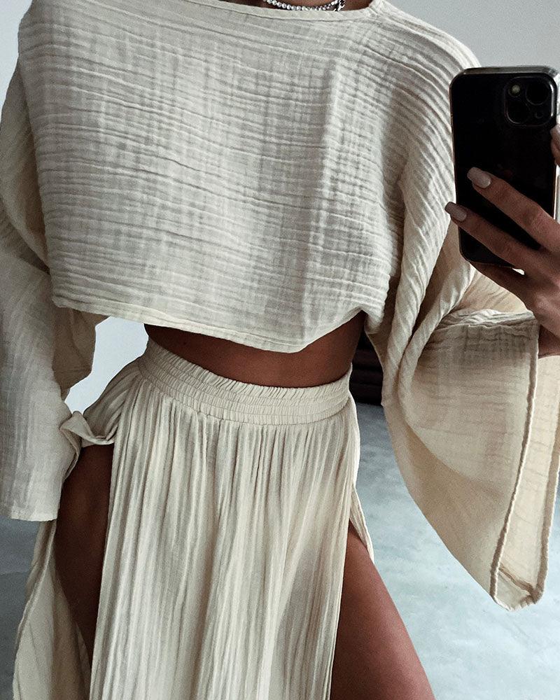 Set casual chic in cotone e lino con spacco