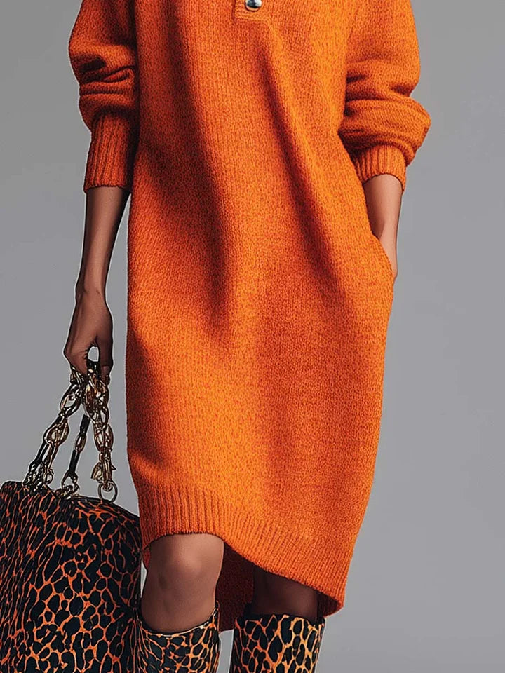 Abito Midi in Maglia con Bottone Frontale e Rever Arancione