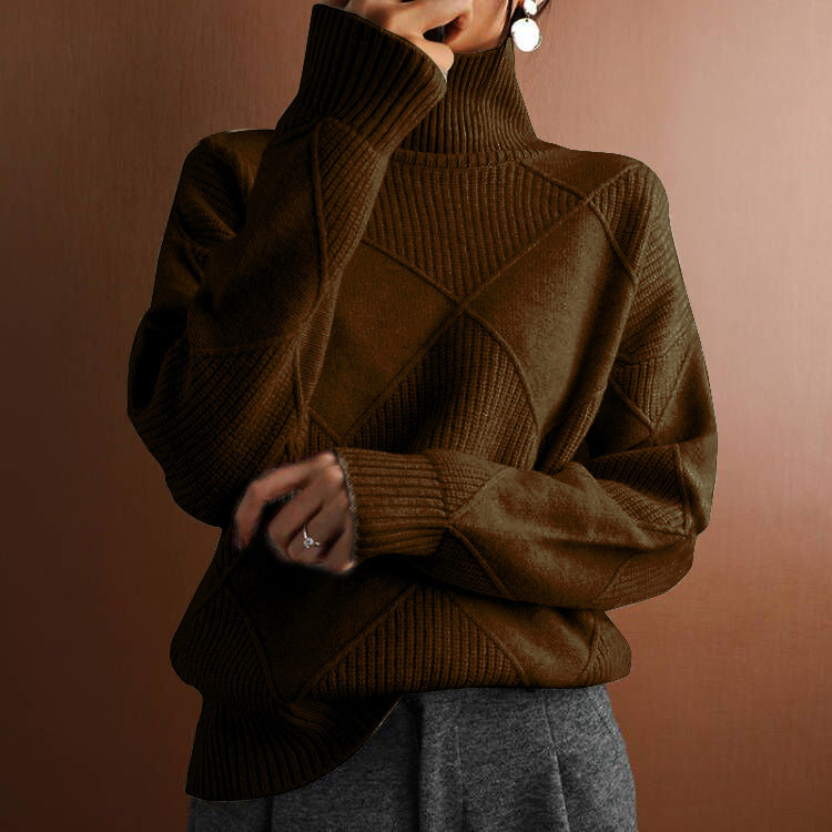 Maglione invernale lungo a maniche lunghe con collo alto e motivo a losanghe